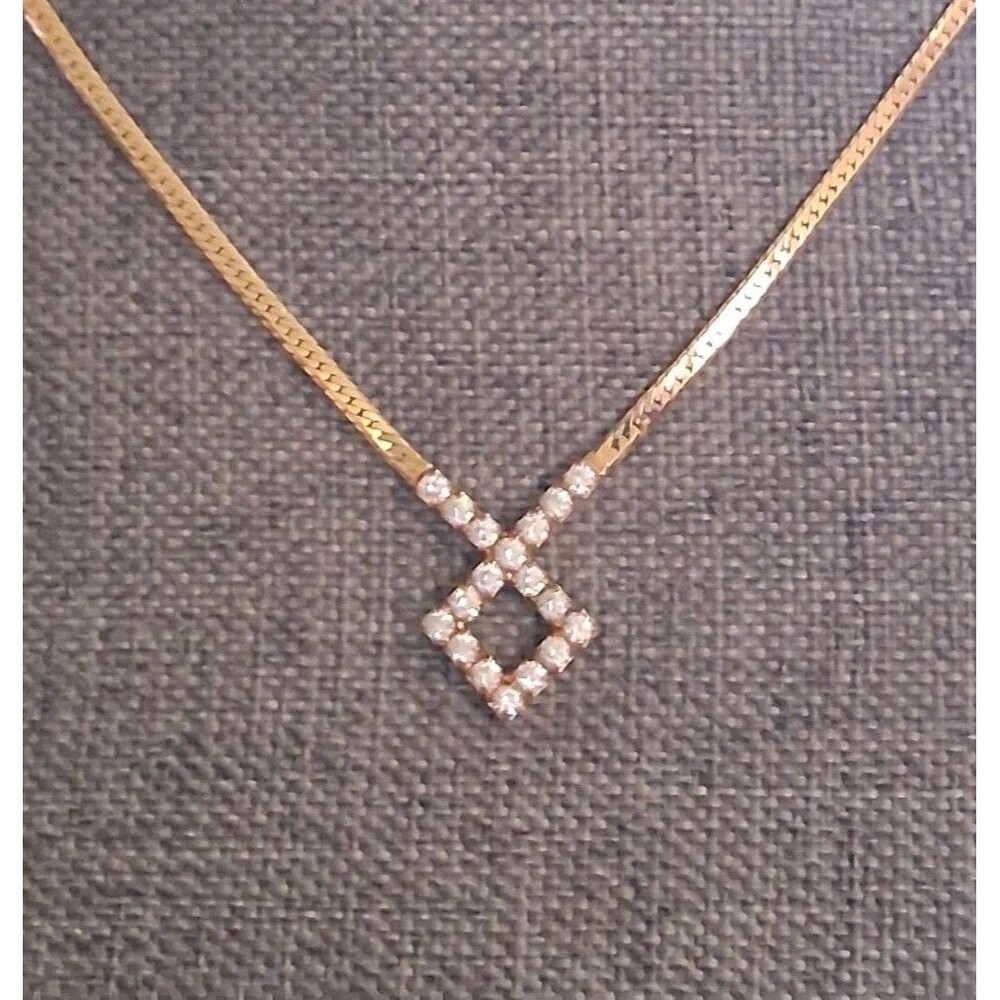 Diamond shaped clear rhinestone encrusted pendant necklace, rhombus shape, 16"